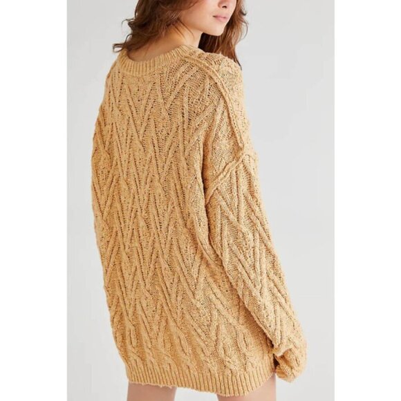 Free People 'Isla' Cable-Knit Cotton-Blend Pullover Tunic Sweater, Camel - Picture 2 of 2